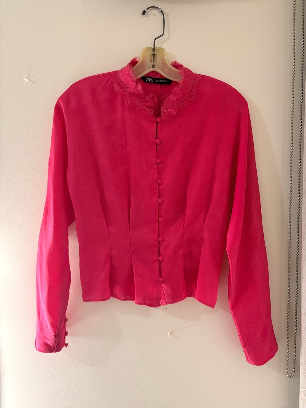 Zara Hot Pink Button-Front Long Sleeve Blouse